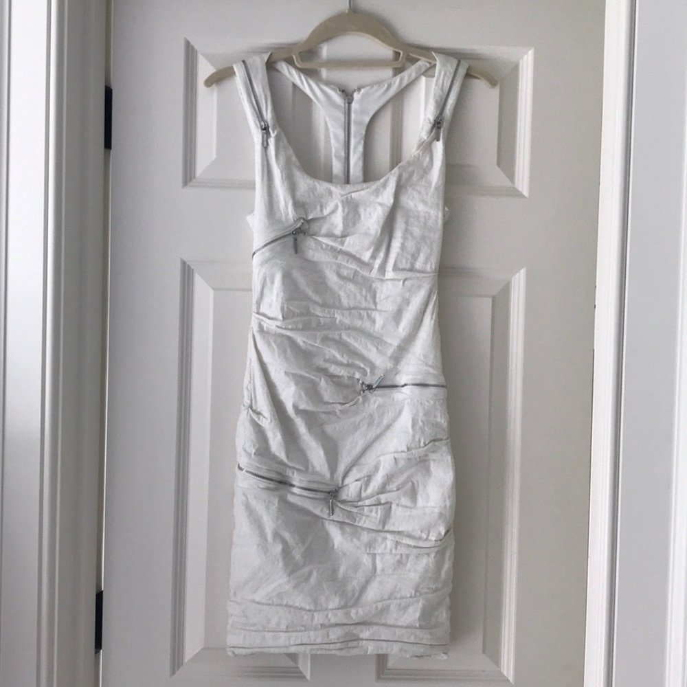 Nicole Miller white cotton metal zipper dress